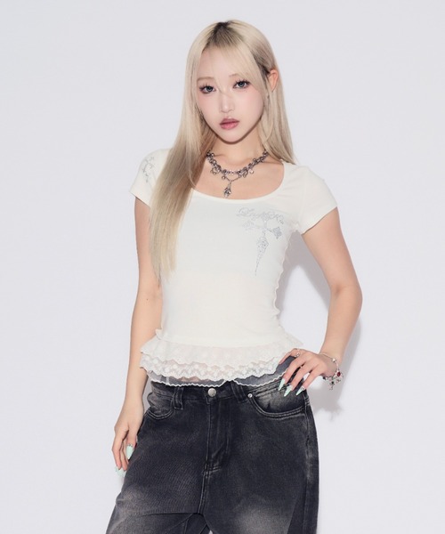 tinkerend(ティンカーエンド)の「Rhinestone Lace Cross T-shirt / ラインストーンレースクロスTシャツ(Tシャツ/カットソー・レディース・ホワイト・FREE)」の22枚目の写真