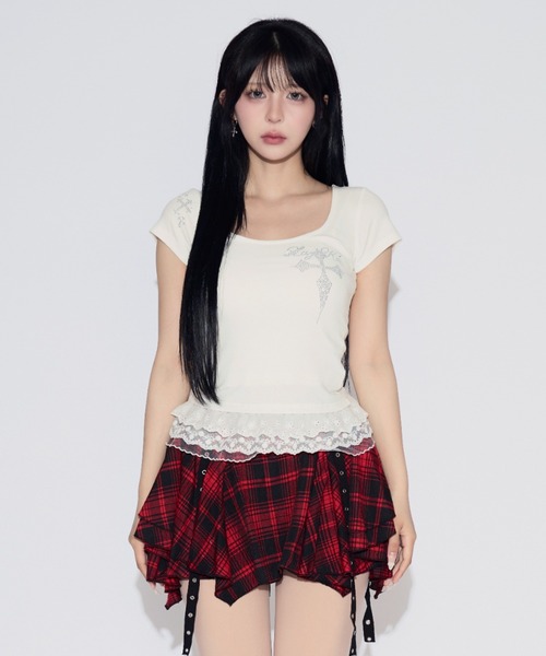 tinkerend(ティンカーエンド)の「Rhinestone Lace Cross T-shirt / ラインストーンレースクロスTシャツ(Tシャツ/カットソー・レディース・ホワイト・FREE)」の14枚目の写真