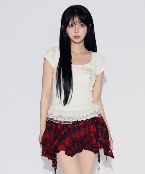 tinkerend(ティンカーエンド)の「Rhinestone Lace Cross T-shirt / ラインストーンレースクロスTシャツ(Tシャツ/カットソー・レディース・ホワイト・FREE)」の16枚目の写真
