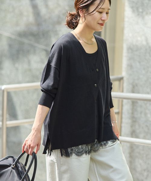 JOURNAL STANDARD(ジャーナルスタンダード)の「ウォッシャブルコットンシルクミックスVネックカーディガン(カーディガン/ボレロ・レディース・ブラック/グレー/ベージュ・FREE)」の2枚目の写真
