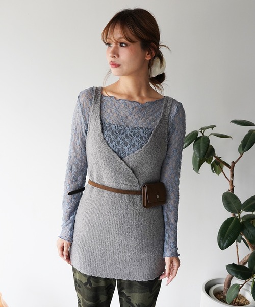 SANSeLF（サンセルフ）の「【SANSeLF】クロスラップニットキャミトップス saw26a002（その他トップス・レディース・イエロー/グレー・FREE）」の3枚目の写真