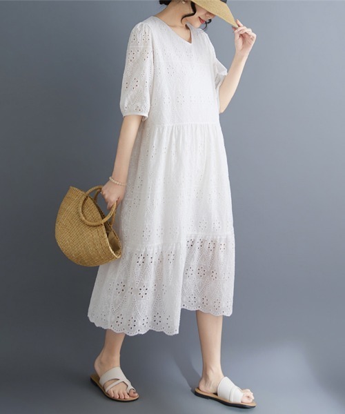 ONEP STAR(ワンピスター)の「刺繍レースティアード半袖ワンピース(ワンピース・レディース・ホワイト・MEDIUM/LARGE/X-LARGE)」の1枚目の写真