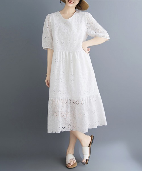 ONEP STAR(ワンピスター)の「刺繍レースティアード半袖ワンピース(ワンピース・レディース・ホワイト・MEDIUM/LARGE/X-LARGE)」の17枚目の写真