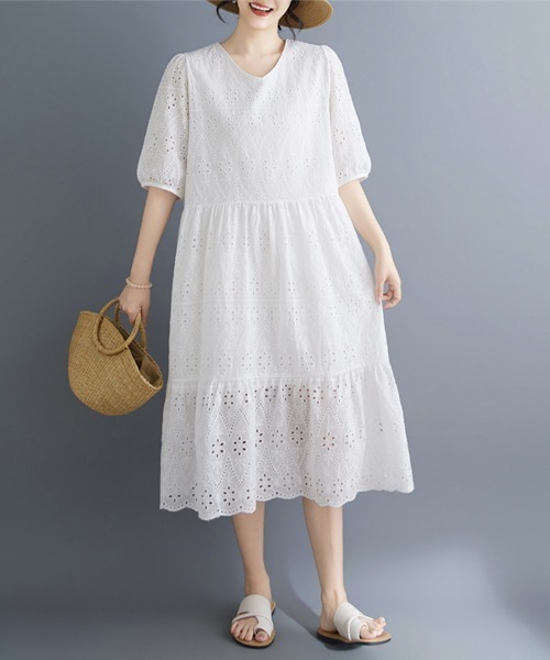 ONEP STAR(ワンピスター)の「刺繍レースティアード半袖ワンピース(ワンピース・レディース・ホワイト・MEDIUM/LARGE/X-LARGE)」の15枚目の写真