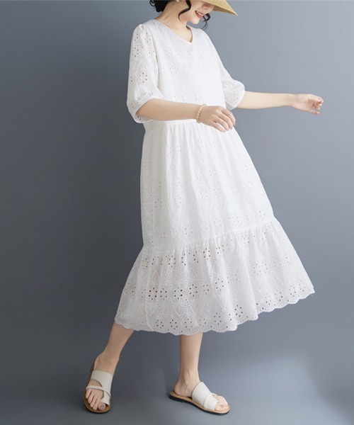 ONEP STAR(ワンピスター)の「刺繍レースティアード半袖ワンピース(ワンピース・レディース・ホワイト・MEDIUM/LARGE/X-LARGE)」の14枚目の写真