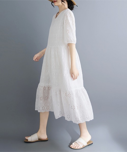 ONEP STAR(ワンピスター)の「刺繍レースティアード半袖ワンピース(ワンピース・レディース・ホワイト・MEDIUM/LARGE/X-LARGE)」の12枚目の写真