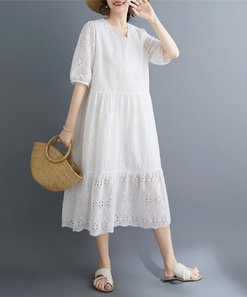 ONEP STAR(ワンピスター)の「刺繍レースティアード半袖ワンピース(ワンピース・レディース・ホワイト・MEDIUM/LARGE/X-LARGE)」の10枚目の写真