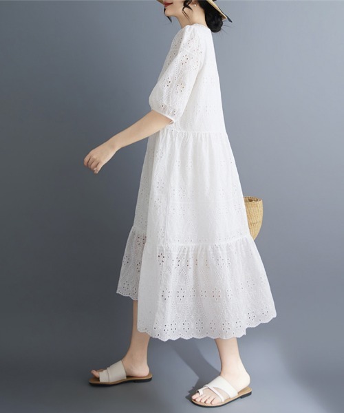 ONEP STAR(ワンピスター)の「刺繍レースティアード半袖ワンピース(ワンピース・レディース・ホワイト・MEDIUM/LARGE/X-LARGE)」の9枚目の写真