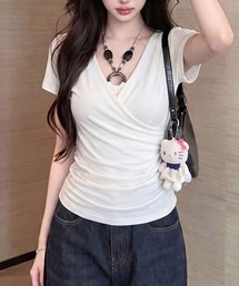 フェイクレイヤードビーズホルターネック半袖トップス