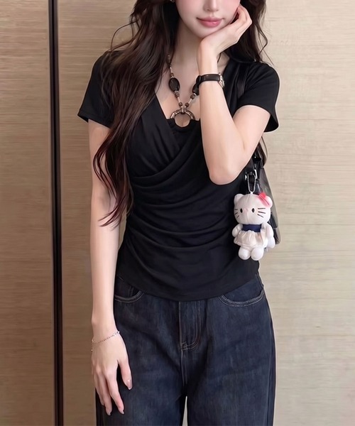 Girly Doll（ガーリードール）の「フェイクレイヤードビーズホルターネック半袖トップス（Tシャツ/カットソー・レディース・グレー/ホワイト/ブラック/ブラウン・FREE）」の13枚目の写真
