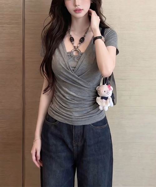 Girly Doll（ガーリードール）の「フェイクレイヤードビーズホルターネック半袖トップス（Tシャツ/カットソー・レディース・グレー/ホワイト/ブラック/ブラウン・FREE）」の7枚目の写真