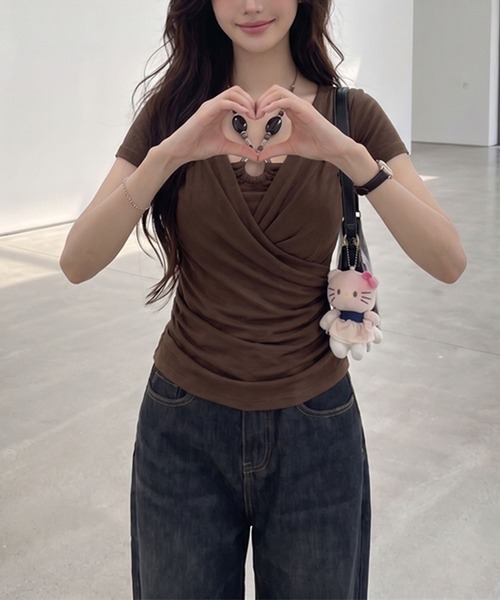Girly Doll（ガーリードール）の「フェイクレイヤードビーズホルターネック半袖トップス（Tシャツ/カットソー・レディース・グレー/ホワイト/ブラック/ブラウン・FREE）」の16枚目の写真