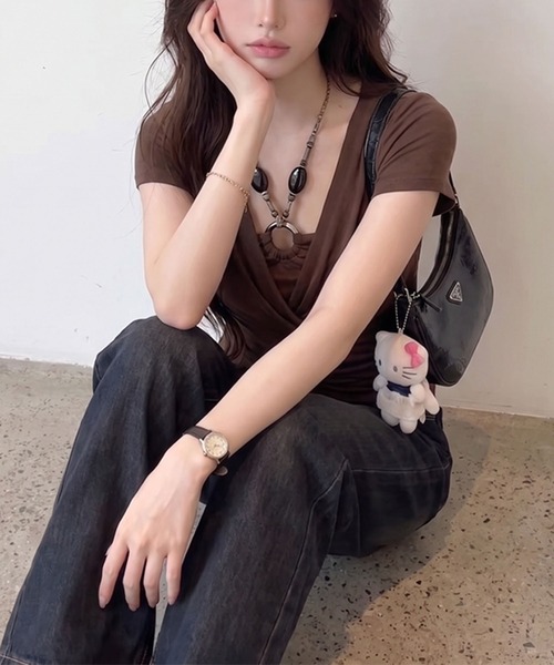 Girly Doll（ガーリードール）の「フェイクレイヤードビーズホルターネック半袖トップス（Tシャツ/カットソー・レディース・グレー/ホワイト/ブラック/ブラウン・FREE）」の19枚目の写真