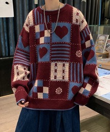オーバーサイズハート柄パッチワーク風ニット