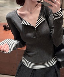 ストライプ切り替えフェイクレイヤードTシャツ