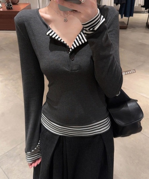 FLINEA(フリネア)の「ストライプ切り替えフェイクレイヤードTシャツ(Tシャツ/カットソー・レディース・ホワイト/チャコールグレー/ブラック・FREE)」の20枚目の写真