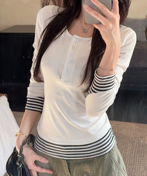 FLINEA(フリネア)の「ストライプ切り替えフェイクレイヤードTシャツ(Tシャツ/カットソー・レディース・ホワイト/チャコールグレー/ブラック・FREE)」の13枚目の写真