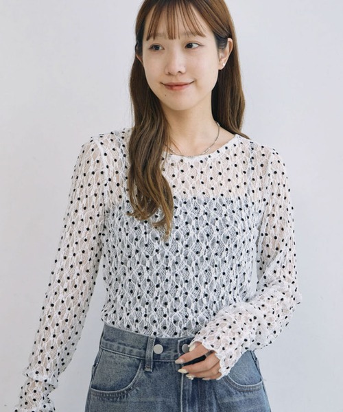 archives(アルシーヴ)の「フロッキードットアソートカットレースTOPS(Tシャツ/カットソー・レディース・アイボリー/ホワイト×ブラック/ブラック×ホワイト/ブラック・MEDIUM)」の12枚目の写真