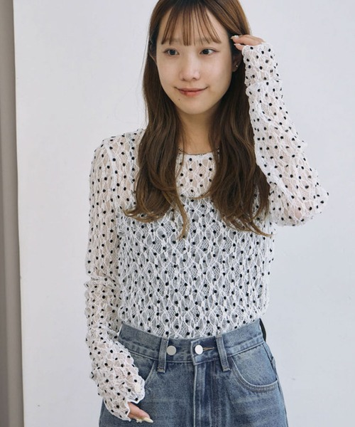 archives(アルシーヴ)の「フロッキードットアソートカットレースTOPS(Tシャツ/カットソー・レディース・アイボリー/ホワイト×ブラック/ブラック×ホワイト/ブラック・MEDIUM)」の11枚目の写真