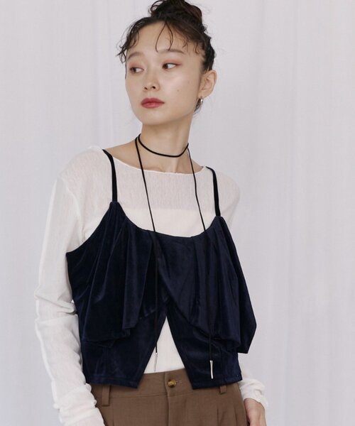 COLONY 2139（コロニートゥーワンスリーナイン）の「【オケージョン/2SET】ベロアリボンビスチェキャミ＆Tシャツ（Tシャツ/カットソー・レディース・ネイビー/ブラウン・FREE）」の15枚目の写真