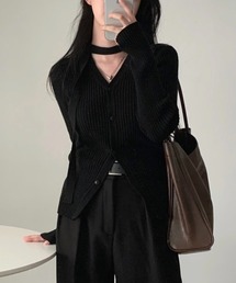 ニットVネックシングルブレストトップス