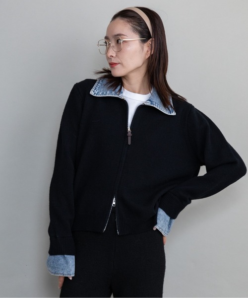 lodie(ロディ)の「デニム×ニット ジップカーデ(ニット/セーター・レディース・オフホワイト/ブラック/グレー・FREE)」の1枚目の写真