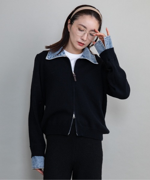 lodie(ロディ)の「デニム×ニット ジップカーデ(ニット/セーター・レディース・オフホワイト/ブラック/グレー・FREE)」の4枚目の写真