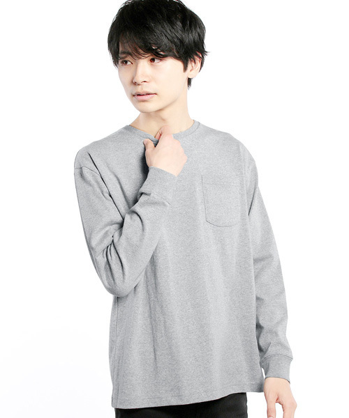 THE CASUAL(カジュアル)の「ビッグシルエット USAコットン ベビーウエイト ポケット 付き ドロップショルダー ワイド 長袖 ビッグT カットソー(Tシャツ/カットソー・メンズ・ホワイト/ホワイト×ネイビー/グレー/カーキ/サックスブルー/スモークピンク/ホワイト×ブラック/ブラック/テラコッタ/ネイビー/パープル/ワイン・XL/L/M/S)」の2枚目の写真