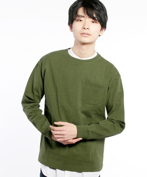 THE CASUAL(カジュアル)の「ビッグシルエット USAコットン ベビーウエイト ポケット 付き ドロップショルダー ワイド 長袖 ビッグT カットソー(Tシャツ/カットソー・メンズ・ホワイト/ホワイト×ネイビー/グレー/カーキ/サックスブルー/スモークピンク/ホワイト×ブラック/ブラック/テラコッタ/ネイビー/パープル/ワイン・XL/L/M/S)」の7枚目の写真