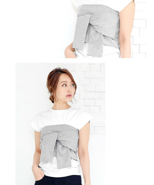 KOBE LETTUCE（コウベレタス）の「取り外しOK☆リブカットソー素材カットリボンビスチェ+シンプル白Tシャツ☆２セット（Tシャツ/カットソー・レディース・レッド/グレー/ブラック・FREE）」の9枚目の写真