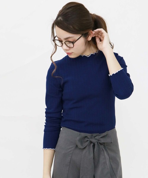 HER CLOSET(ハークローゼット)の「【HERCLOSET】配色メロークルーネックテレコカットソー(Tシャツ/カットソー・レディース・ホワイト/ブラック/ネイビー/グレー/ピンク/グリーン/マスタード/モカ・M)」の6枚目の写真