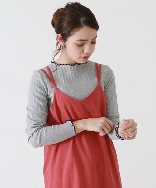 HER CLOSET(ハークローゼット)の「【HERCLOSET】配色メロークルーネックテレコカットソー(Tシャツ/カットソー・レディース・ホワイト/ブラック/ネイビー/グレー/ピンク/グリーン/マスタード/モカ・M)」の1枚目の写真