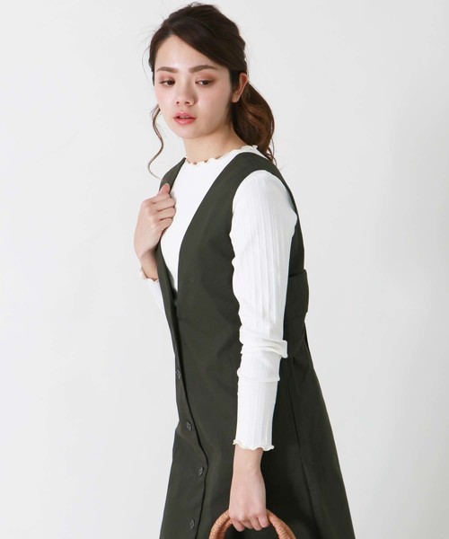 HER CLOSET(ハークローゼット)の「【HERCLOSET】配色メロークルーネックテレコカットソー(Tシャツ/カットソー・レディース・ホワイト/ブラック/ネイビー/グレー/ピンク/グリーン/マスタード/モカ・M)」の2枚目の写真