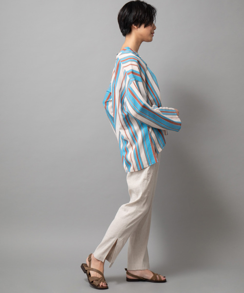 Munich（ミューニック）の「イタリア製ビスコースシルクストライプキーネックブラウス（シャツ/ブラウス・レディース・ホワイト/ベージュ/サックスブルー・FREE）」の9枚目の写真