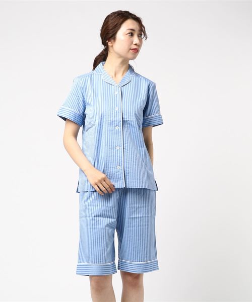 kaimin navi(カイミンナビ)の「【kaimin navi】レディース パジャマセットアップ 半袖5分丈パンツ シルク入りフハク(ルームウェア/パジャマ)」|サックスブルー