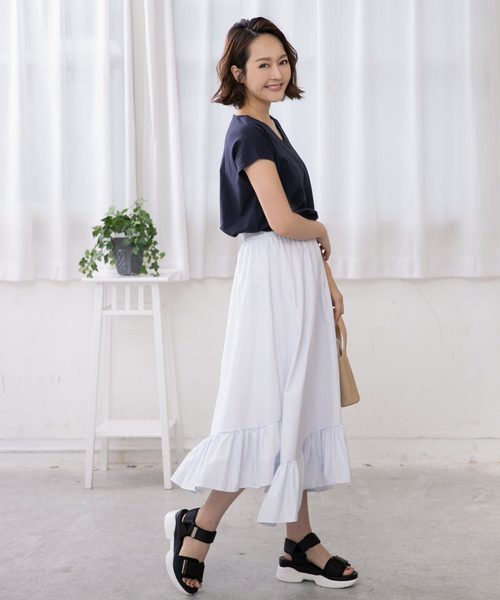 KOBE LETTUCE（コウベレタス）の「裾切替えロング丈ティアードフレアスカート（スカート・レディース・パープル/オフホワイト/ホワイト×ブルー/ホワイト×ブラック/ブルー系その他・FREE）」の12枚目の写真