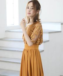 【華奢見え×脚長魅せ◎】ふんわり隠して、しっかりスタイルアップ!エンブロイダリレースレイヤードミモレ丈ワンピースドレス