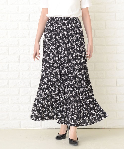 セール】小花柄プリーツフレアロングスカート マキシ丈