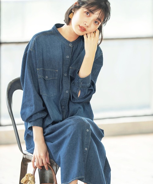 【LAZY OAF】黒 プリーツ デニムシャツワンピース セール】配色ステッチデニムシャツワンピース（ワンピース