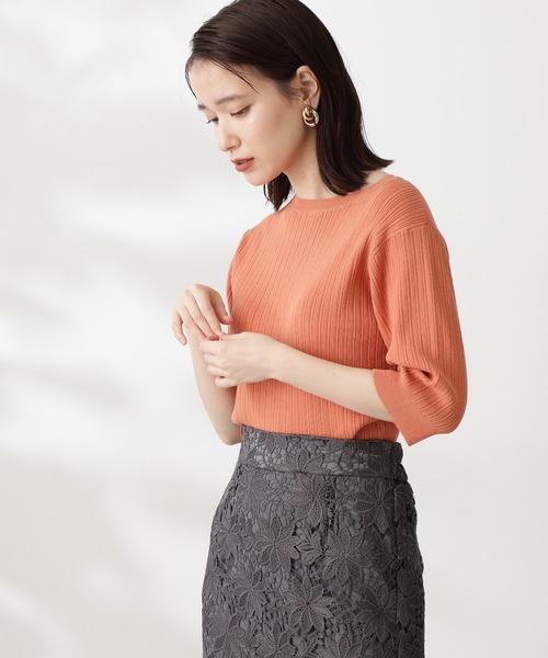 N.（N. Natural Beauty Basic）（エヌエヌナチュラルビューティーベーシック）の「ハイツイストコットンレーヨンランダムリブニット（ニット/セーター・レディース・ホワイト/ネイビー/オレンジ/ブルー・MEDIUM）」の9枚目の写真