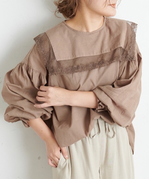 PUAL CE CIN（ピュアルセシン）の「襟レースガーゼプルオーバーブラウス（シャツ/ブラウス・レディース・ブラック/ナチュラル/サックスブルー/キャメル・FREE）」の14枚目の写真