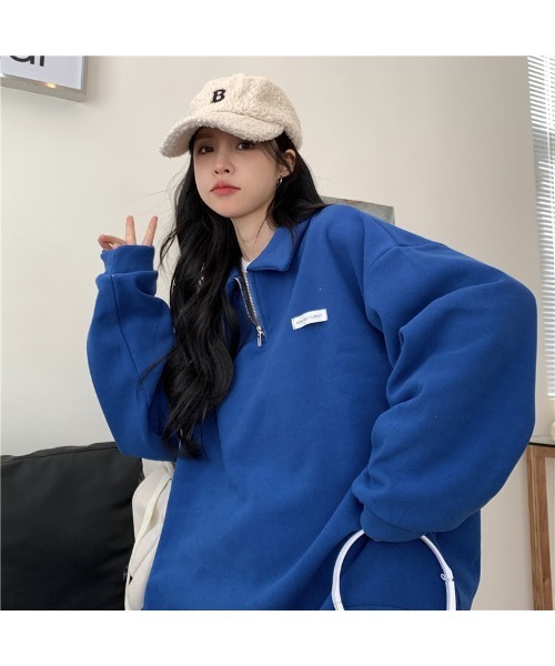 DEVICE（デバイス）の「韓国 古着風 カレッジロゴ スウェットハーフジップスウェット トレーナー（スウェット・レディース・ブルー・FREE）」の17枚目の写真