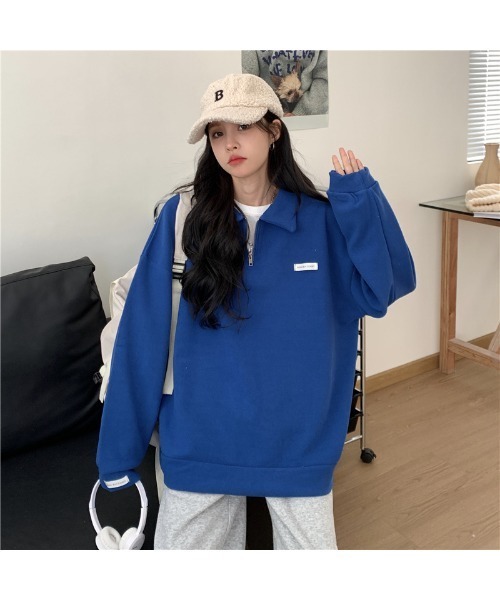 DEVICE（デバイス）の「韓国 古着風 カレッジロゴ スウェットハーフジップスウェット トレーナー（スウェット・レディース・ブルー・FREE）」の12枚目の写真