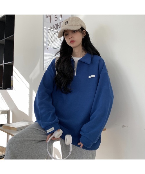 DEVICE（デバイス）の「韓国 古着風 カレッジロゴ スウェットハーフジップスウェット トレーナー（スウェット・レディース・ブルー・FREE）」の15枚目の写真