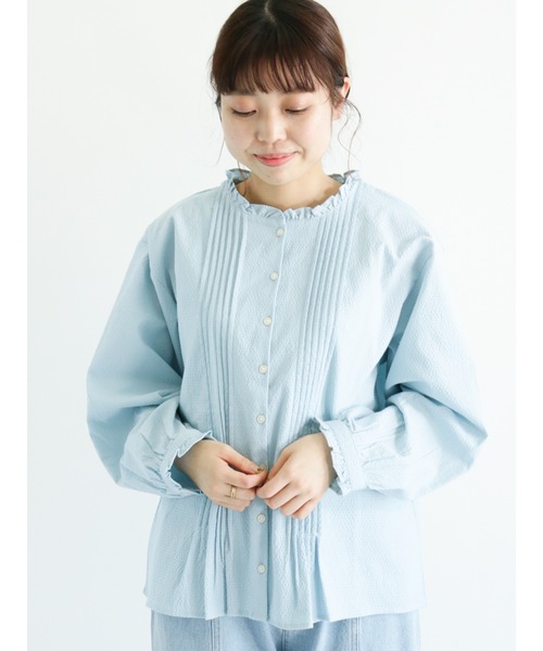 Samansa Mos2（サマンサ モスモス）の「ピンタック襟フリルブラウス（シャツ/ブラウス・レディース・オフホワイト/カーキ/サックスブルー/チャコール・ﾌﾘ-）」の4枚目の写真