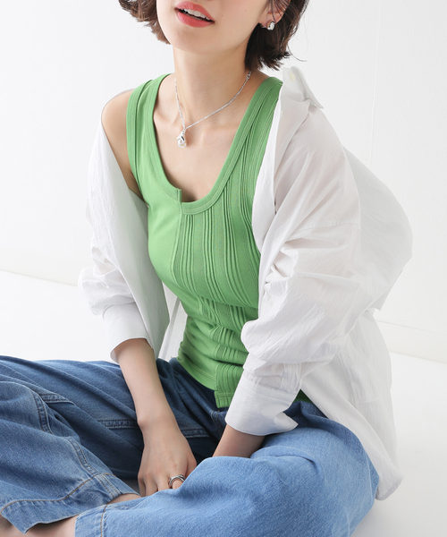 SLOBE IENA(スローブイエナ)の「【ESLOW/エスロー】 COMBINATION タンクトップ(Tシャツ/カットソー・レディース・ブラック/グリーン・FREE)」の1枚目の写真