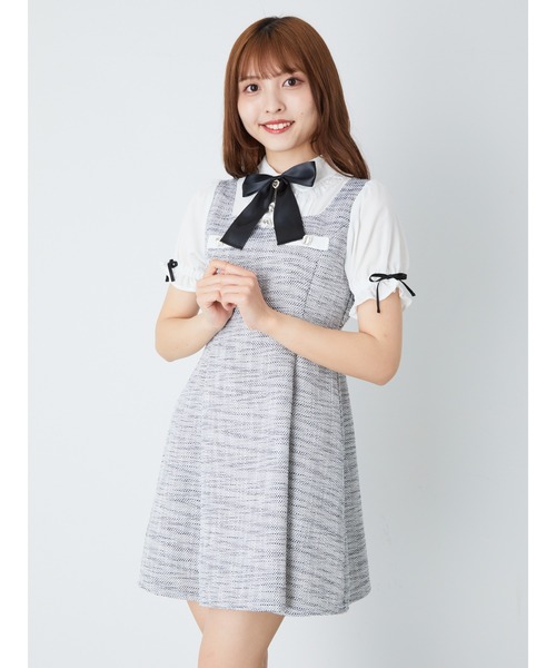 新品 未使用 訳あり♥アンクルージュ 半袖 パフスリ ツイード ワンピ Ank Rouge - 【美品】アンクルージュ バイカラー 半袖 パフスリ