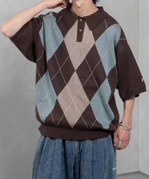 Perushu(ペルーシュ)の「ユーズドライクアーガイルポロニット(Tシャツ/カットソー・メンズ・ライトブルー/ブラック/ブラウン/カーキ・MEDIUM/LARGE)」の18枚目の写真