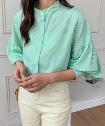 ストライプ柄バルーンスリーブバンドカラーブラウス
