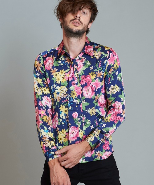 NO ID.（ノーアイディ）の「ストール付フラワーパターンSH（シャツ/ブラウス・メンズ・ブラック/ネイビー/サックスブルー/アイボリー・1/2）」の4枚目の写真